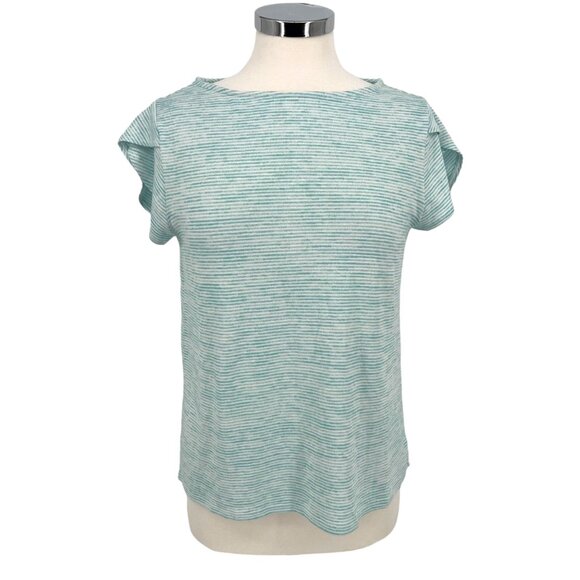 Market & Spruce Striped Tulip Sleeve Top Faux Button Back Blue Size MP NWT - Picture 1 of 9